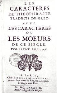 Tittelsiden til The Characters of Theophraste oversatt fra gresk, med Characters or the customs of this century av La Bruyere (1645-96) 1688 av French School