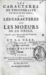 Tittelsiden til Theophrastuss Les Characteres ou les Moeurs oversatt av Jean de la Bruyere (1645-96) 1697 av French School