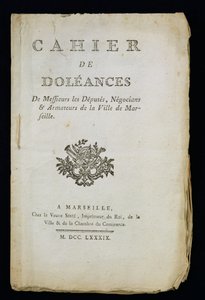 Tittelside til boken med klager fra varamedlemmer, kjøpmenn og skipseiere i Marseille, 1789 av French School