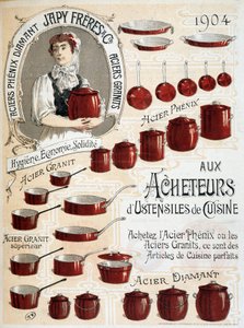 Til kjøpere av kjøkkenutstyr. Kjøp Phenix Steel eller Granite Steel, dette er perfekte kjøkkenartikler - Reklameetikett av French School