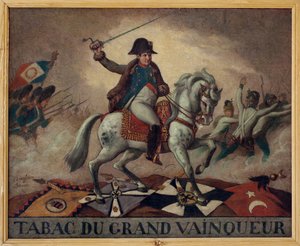 Til den store vinnertobakken. (rytterportrett av Napoleon Bonaparte (1769-1821), som leder troppene sine til kamp. På baksiden av lerretet et kvad: "" Suksessen til hans virksomheter,/Hans seire i hundre kamper,/Har ingen andre hemmeligheter/En ta av av French School