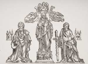 Gravdekorasjon som viser Nicholas Flamel (ca. 1330-c. 1418) og hans kone Pernelle, etter dekorasjoner på de uskyldiges kirkegård, Paris, fra Le Moyen Age et La Renaissance av Paul Lacroix (1806-84) av French School
