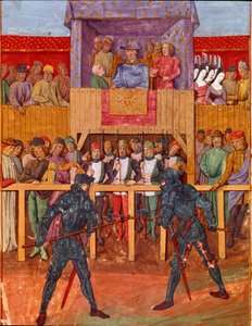 Turneringsscene mot to riddere i miniatyrrustning fra "Le Jouvencel" av Jean V de Bueil (1406-1477) av French School