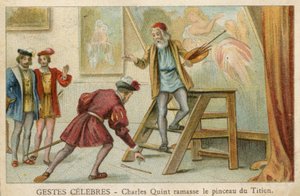 Byttekort som viser Charles Quint som plukker opp børsten til Titian (chromolitho) av French School