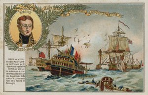 Byttekort med et bilde som viser ødeleggelsen av LOrient av French School