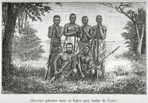 Tradisjonell drakt av urbefolkningen i Gabon, illustrasjon fra 