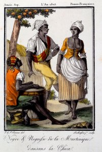Tradisjonell dans: Martiniques innbyggere danser chica. Gravering fra 1805. Chartres, Museum of Fine Arts av French School