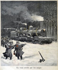 Tog tvunget til å stoppe av snø. Illustrasjon av avisen "" Le Petit Parisien"" fra mars 1892. av French School