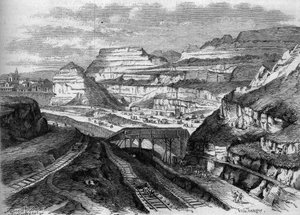 Transformasjoner av Paris under det andre imperiet, Haussmann-Paris: transformasjon til en park av Buttes-Chaumont gipsbrudd (Buttes Chaumont). Gravering i ""Le Monde Illustre"" nr. 306 av 21. februar 1863. av French School