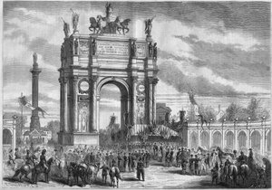 Transformasjoner av Paris under det andre imperiet, Haussmann Paris: triumfbue ved innvielsen av Boulevard du Prince Eugene (i dag Boulevard Voltaire) av Napoleon III. Gravering i "" Le Monde Illustré"" nr. 296 av 13. desember 1862. av French School