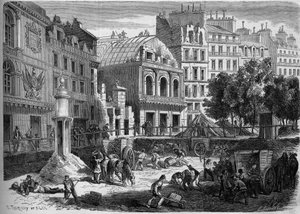 Transformasjoner av Paris under det andre imperiet, Haussmann Paris: riving av teatrene til tempelet for gjennomboring av Boulevard du Prince Eugene (i dag boulevard Voltaire). Gravering i "" Le Monde Illustré"" nr. 278 av 9. august av French School