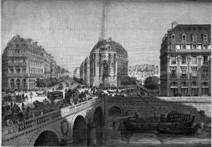 Transformasjoner av Paris under det andre imperiet, Haussmann Paris: utsikt over fontenen Saint Michel (1860) på Boulevard de Sebastopol. Gravering i "" Le Monde Illustré"" nr. 175 av 18. august 1860. av French School