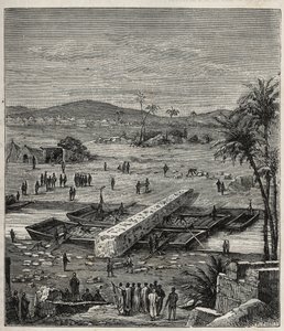 Transport av obelisken til Ptolemee Philadelph (Ptolemaios Philadelphos) (Ptolemaios II) på Nilen til Alexandria - Gravering i "" Vitenskaper tilgjengelig for alle - Populær fysikk og kjemi"" av Alexis Clerc - Slutten av 1800-tallet - Privat samling av French School