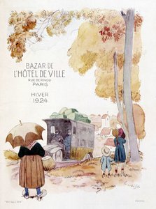 Reisende kjøpmenn på landet. Reklameplakat fra 1924 for Bazar de l#39;Hotel de Ville (Paris). av French School