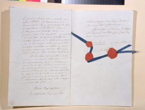 Traktat mellom Napoleon I (1769-1821) og keiser Franz II (1768-1835), undertegnet i Presburg 26. desember 1805 (penn og blekk på papir) av French School