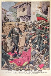 Tsar Ferdinand I (1861-1948) fra Bulgaria går over fangede flagg under Balkankrigen i 1912, november 1912 av French School