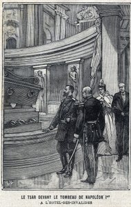 Tsar Nicholas II av Russland (1868 -1918) og Tsarina Alexandra Fiodorovna Romanova (1872-1918) foran graven til Napoleon I Bonaparte på Hotel des Invalides i Paris, i "Le Petit Parisien" av French School