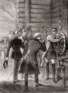 Tsar Nicholas I innviet semafor-telegraflinjen mellom Moskva og Warszawa i 1833, ved å bruke en modifikasjon av Claude Chappes semaforsystem, fra Les Merveilles de la Science, publisert ca. 1870 (gravering) av French School