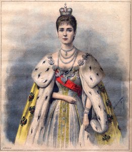Tsarina Alexandra fra Russland i sine kroningsklær - Tsarina Alexandra Fiodorovna i det helliges kostyme. Illustrasjon for Le Petit Journal, 24. mai 1896 (gravering) av French School