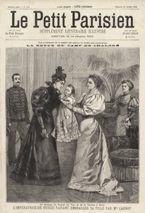 Tsarina Alexandra fra Russland inviterer enken etter den franske presidenten Sadi Carnot til å kysse datteren hennes, storhertuginne Olga, under den russiske keiserfamiliens besøk i Paris av French School