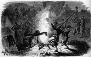 Turcos (algeriske bevæpnede menn) fra den franske hæren danser rundt et leirbål der de kaster pulver. Italia, perioden med Risorgimento av French School