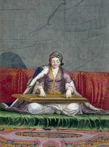Tyrkisk jente som spiller et instrument som plukker tastatur, fra Collection of One Hundred Prints Representing the Different Nations of the Levant av Charles de Ferriol, gravert av Gerard Scotin (1671-1716) av French School
