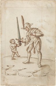 Vend det skarpe sverdet til side [fol. 44 recto], ca. 1512–1515 (penn og brunt blekk med akvarell på bundet papir) av French School