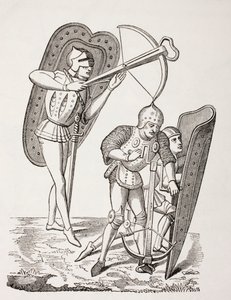 To franske armbrøstskyttere fra 1400-tallet, den ene avfyrte våpenet, den andre lastet det med et ankerspill, begge beskyttet av pavises, fra 'Les Arts au Moyen Age', utgitt 1873 av French School