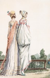 To damer i promenadekjoler, 1796 99:kvinne; tradisjonelle kostymer; tradisjonell kjole; mote; c18th; gå; tilbake; hvite kjoler; panser; panser; hatter; parkere; hage; av French School