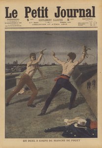 To drosjesjåfører kjemper i duell med hesteviskene sine (farge litho) av French School