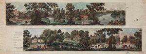 To utsikter over Mortefontaine Park med bildetekster (radering med wc på papir) av French School