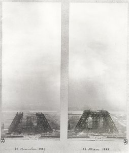 To visninger av byggingen av Eiffeltårnet, Paris, 12. desember 1887 og 15. mars 1888 av French School