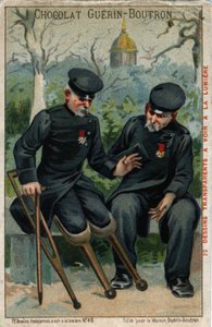 To krigsinvalider: en rumpe som snakker med en pingvin. Kromolitografi fra 1800-tallet. av French School