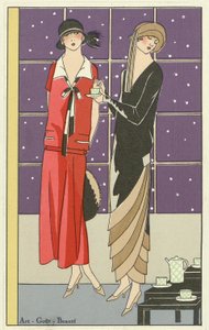 To kvinner som drikker te og kledd i design av Jean Patou og Beer, fra Art-Goût-Beauté pub. 1924 av French School