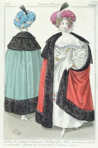 To kvinner med turbaner, kjoler og kapper av kashmir, fra Costumes Parisiens, 1831 av French School