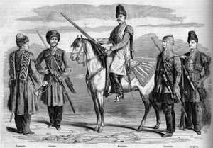 Typer og uniformer av den spesielle eskorten til keiseren av Russland. Fra venstre til høyre: trompet, kosakk, muslimsk, sirkassisk og lesgisk. Gravering i "" Le Monde Illustré"" nr. 153 av 17. mars 1860. av French School