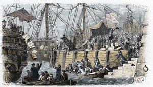 USAs uavhengighetskrig: opprør fra amerikanske nybyggere (av Storbritannias opprinnelse) mot skatter pålagt av det engelske parlamentet på te og andre matvarer. De forkle seg som indianere og kaster lasten med teen i sjøen etter å ha gått inn i com av French School