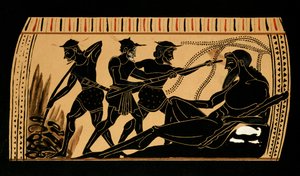 Ulysses og hans følgesvenner stikker ut øyet til kyklopen Polyphemus, illustrasjon fra en antikk gresk vase, 1887 av French School