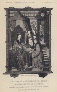 En forfatter som presenterer boken sin for Marguerite De Navarre (litho) av French School