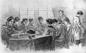 Et verksted med dumme unge jenter på Salpetriere i Paris, I "" ungdomsavisen "" 1887. av French School
