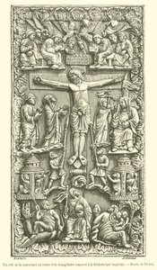Den ene siden av elfenbensdekselet til et evangelium bevart i Imperial Library (gravering) av French School