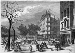 En av de første ""tilfluktene"" for fotgjengere som krysser boulevardene i Paris etablert mellom boulevard des Capucines og boulevard de la Madeleine av French School