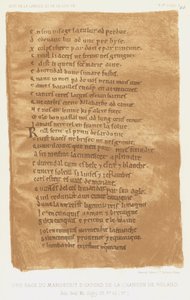 En side fra Oxford-manuskriptet til sangen til Roland (farge litho) av French School