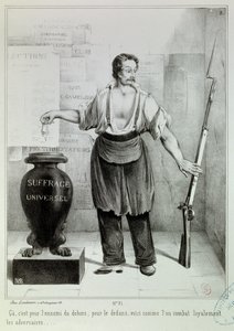Allmenn stemmerett "" stemmen eller riflen"" Stemmen må bekjempe fienden i stedet for riflen. Gravering av M.L. Bosredon, april 1848. Paris, Musee Carnavalet av French School