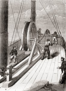 Avvikling av undersjøisk kabel fra Dover til Calais ombord på Blazer, 25. desember 1851, fra Les Merveilles de la Science, publisert ca. 1870 (gravering) av French School