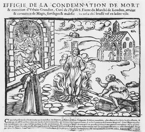 Urbain Grandier brant på bålet etter hendelsene i Loudun-besittelsen, 1634 (tregravering)