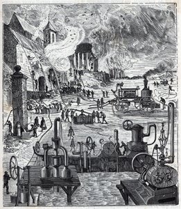 Use of various pump systems in a fire in the 19th century - Engraving in “Sciences brought to the gratehouse of all - physics and chemistry” by Alexis Clerc - End of 19th century. Private collection. av French School