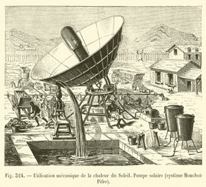Mekanisk bruk av solens varme, solpumpe, Mouchot-Pifre-system (gravering) av French School