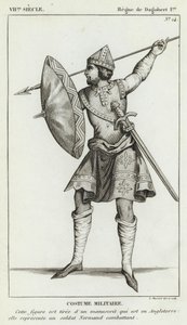 VII Century, Reign of Dagobert I, Militærdrakt (gravering) av French School