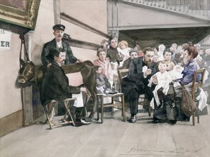 Vaksinasjon av spedbarn ved Institut de la Vaccine, Paris, ca. 1900 (wc på papir) av French School